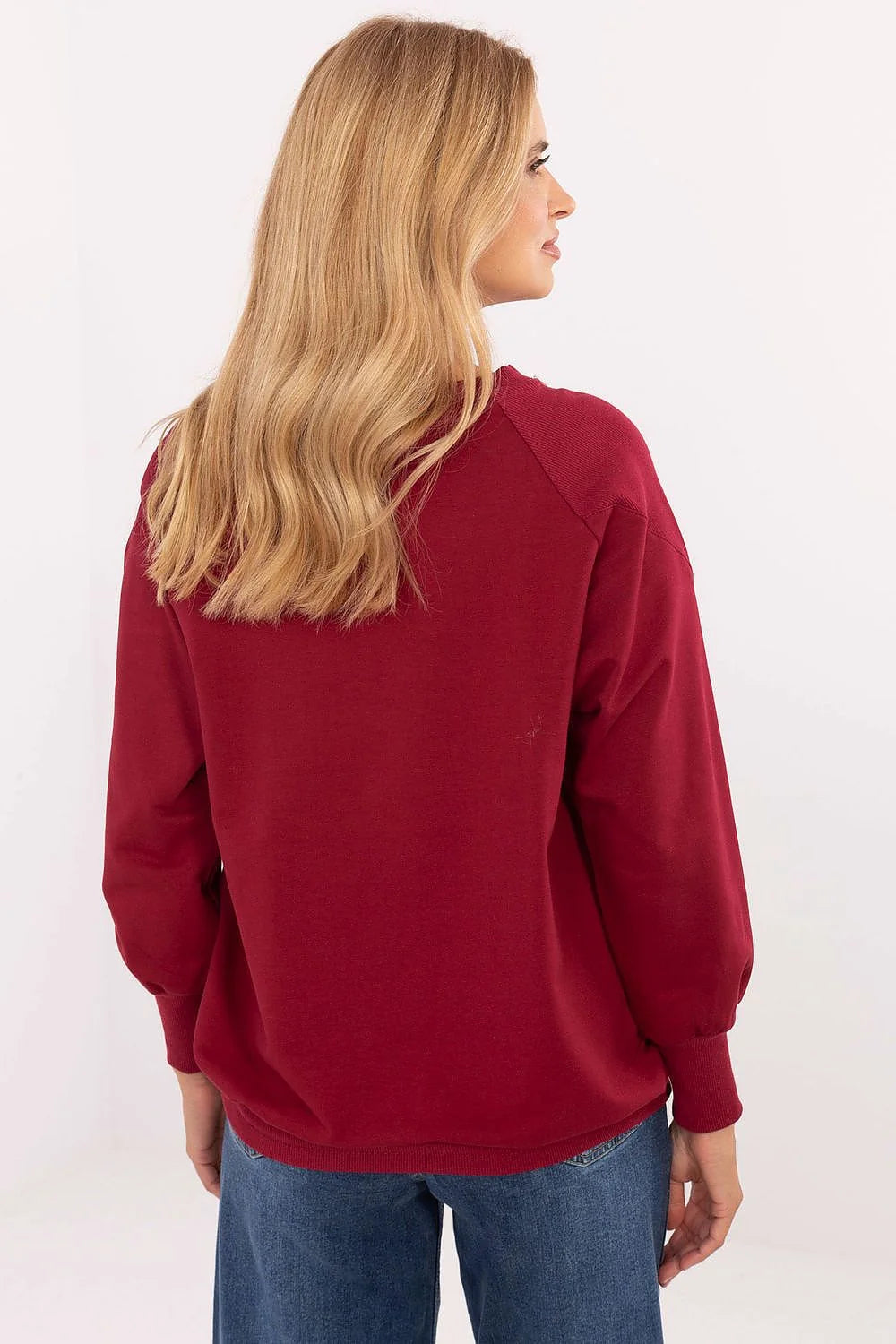 chemisier oversize bordeaux manches bouffantes col rond laçage bas rivets lettrage strassé molleton coton elasthanne poignets côtelés coupe droite courte