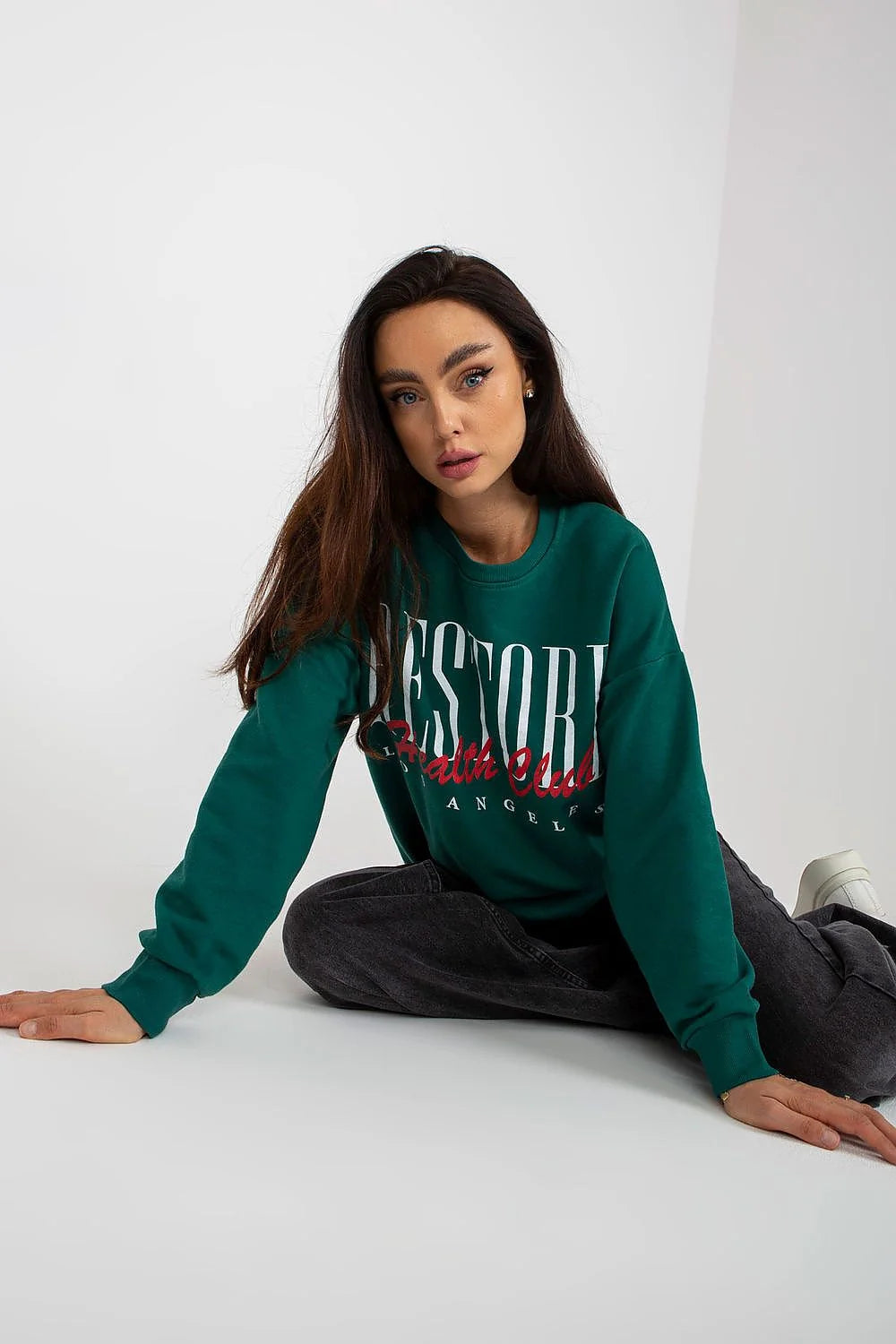 Sweatshirt femme coton imprimé urbain RESTORE Health Club OS ANGELES manches longues col rond côtelé couleur grise