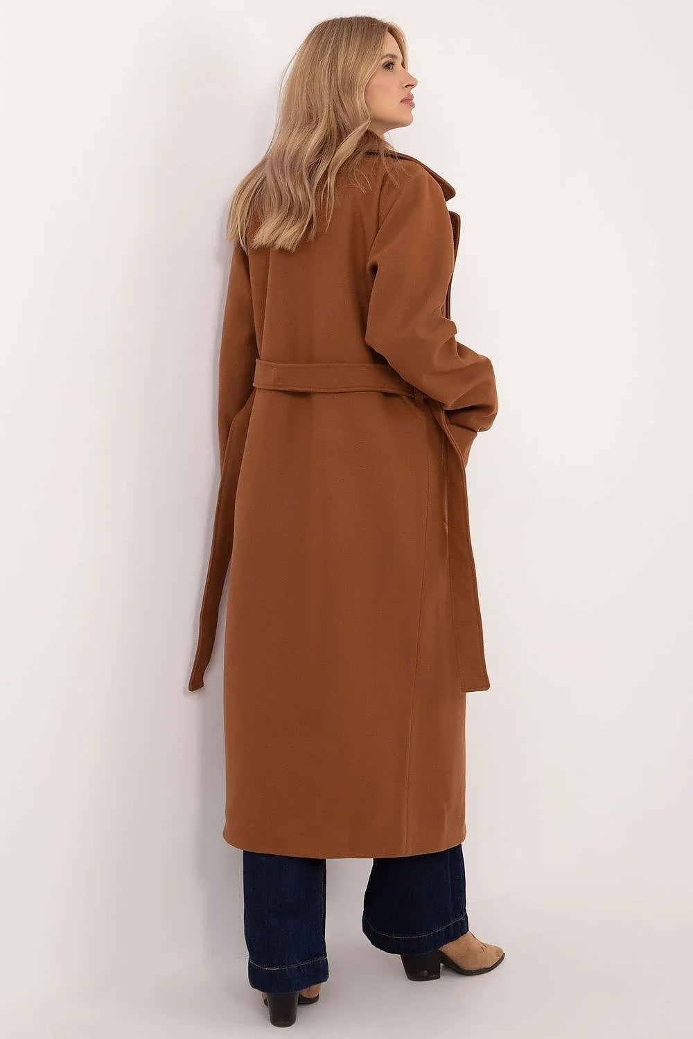 Manteau élégant pour femme long ample camel laine polyester elasthanne ceinture revers crantés poches boutons double rangée coupe chic occasionnels formels