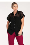 Chemise manche courte Figl design moderne élégant dentelle transparente col classique coupe ample polyester viscose elasthanne