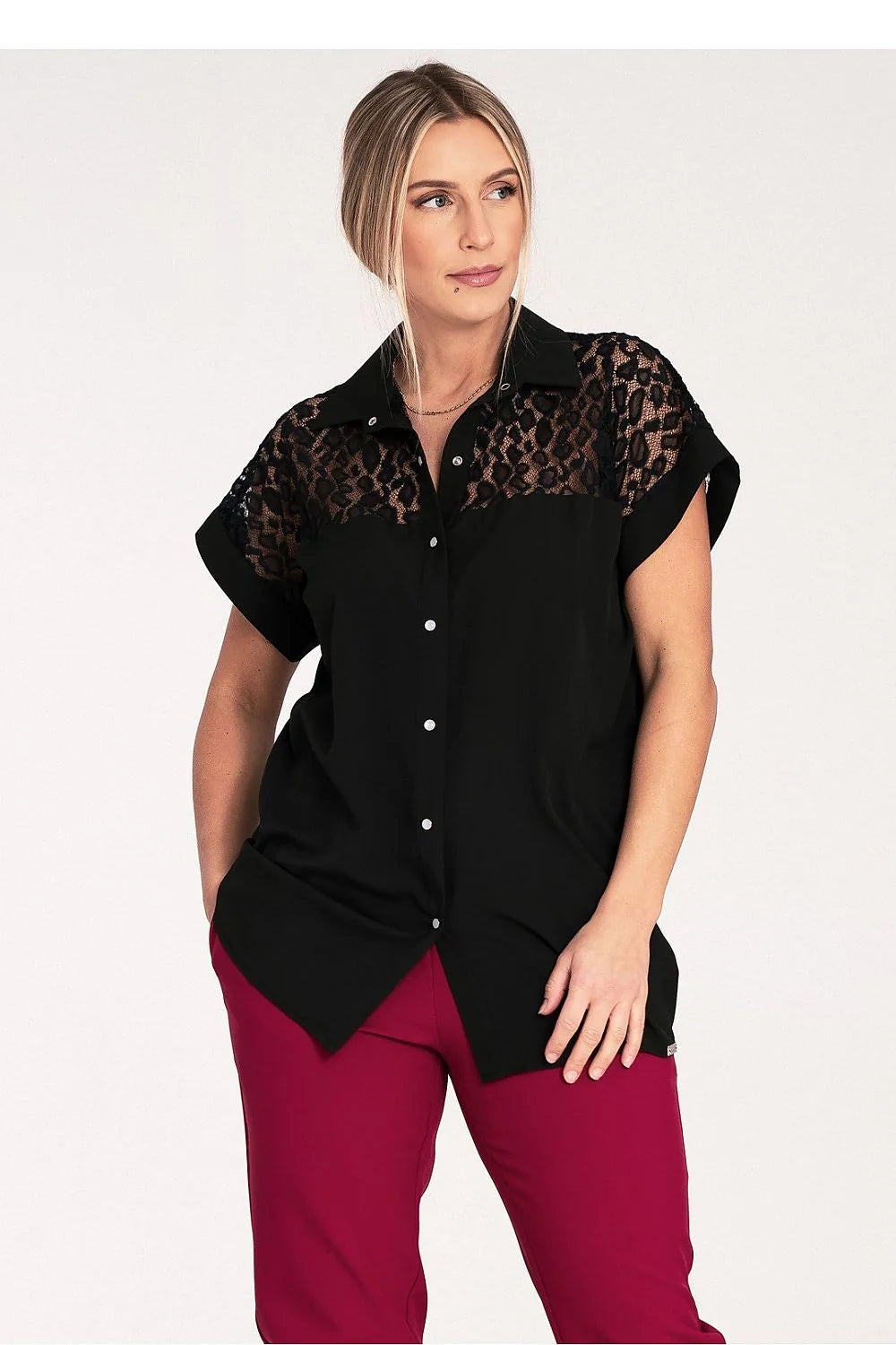 Chemise manche courte Figl design moderne élégant dentelle transparente col classique coupe ample polyester viscose elasthanne