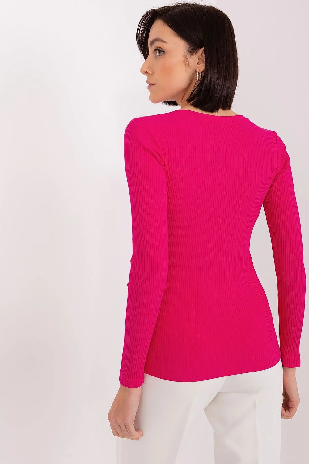 Chemisier BFG maille côtelée rose vif manches longues encolure V silhouette ajustée matériau stretch femme