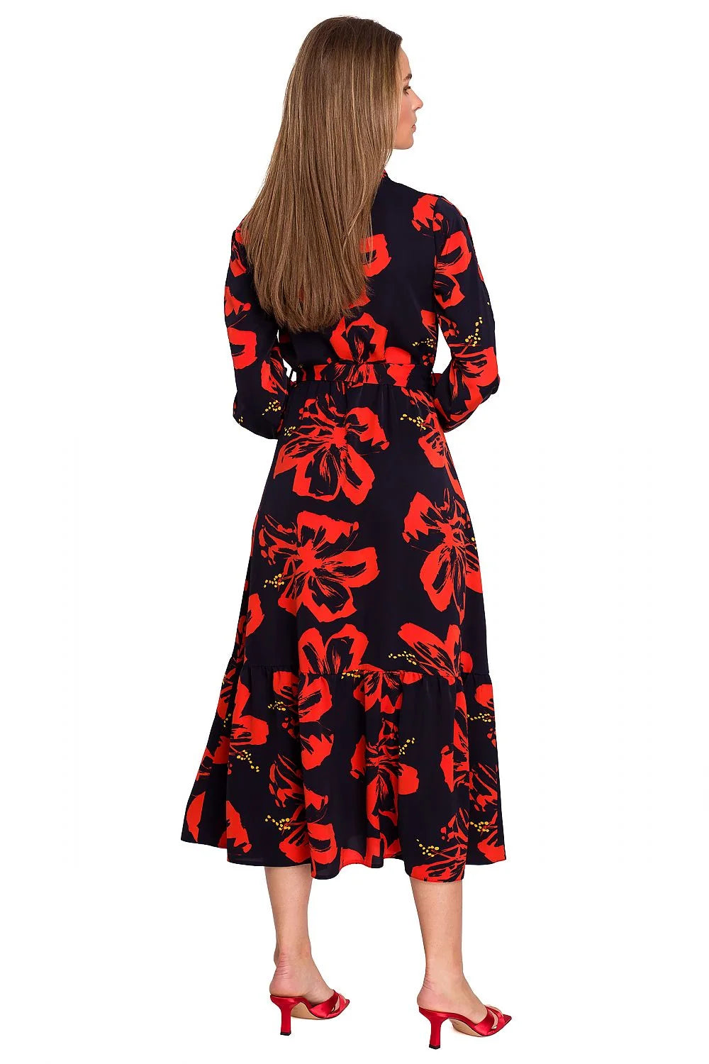 Robe longue en polyester Stylove imprimé floral chic manches longues ceinture ajustable femme élégante