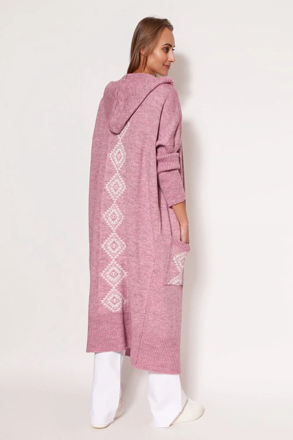 Cardigan pour femme en acrylique et laine, style décontracté, capuche et poches, longueur totale 120 cm