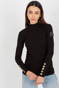 Chemisier Och Bella pour femme, maille côtelée, manches longues, boutons dorés, coupe ajustée, taille S/M/L/XL, polyester et élasthanne
