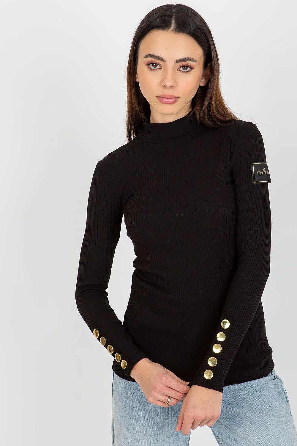 Chemisier Och Bella pour femme, maille côtelée, manches longues, boutons dorés, coupe ajustée, taille S/M/L/XL, polyester et élasthanne