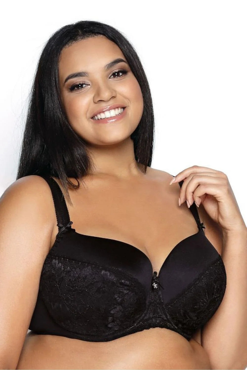 Soutien-gorge rembourré élégant noir dentelle microfibre bretelles réglables bijou femme lingerie