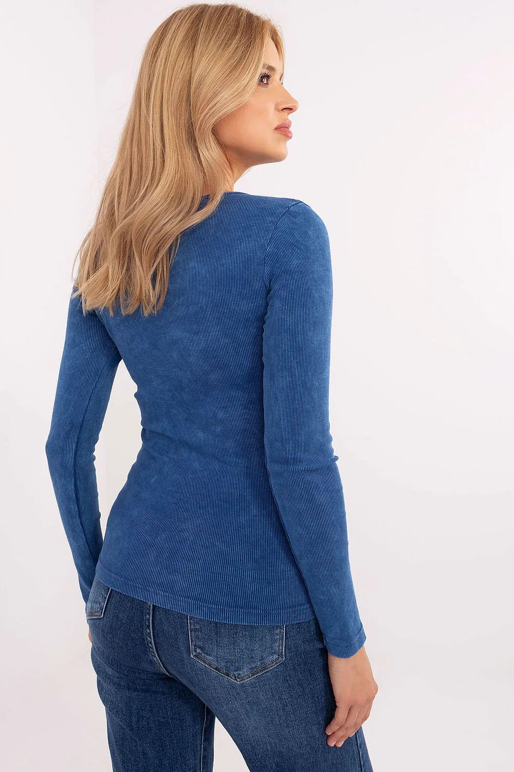 Chemisier Femme Côtelée Bleue Manches Longues Design Moderne Détail Goutte Métallique_patch 'Be Yourself' Taille Ajustée Élégant Confort