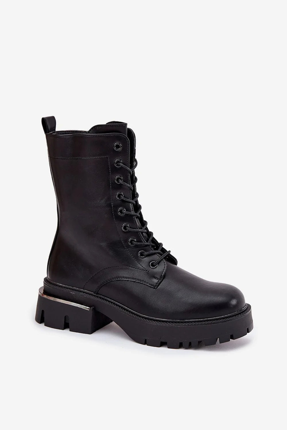 bottines montantes femme cuir écologique lisse bout arrondi lacets zip talon bloc stable semelle plateforme crantée antidérapante œillets métalliques