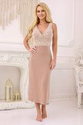 nuisette longue femme sans manches lingerie viscose douce corsage dentelle florale nude encolure V taille empire jupe midi jersey extensible