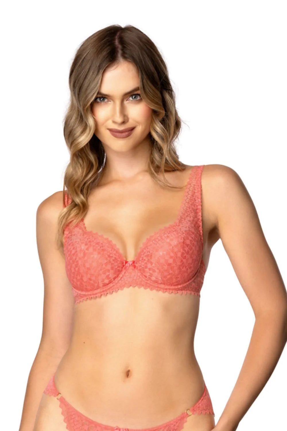 soutien gorge balconnet armatures rembourré corail dentelle florale semitransparente bords festonnés string assorti coupe plongeante bonnet emboîtant maintien optimal décolleté