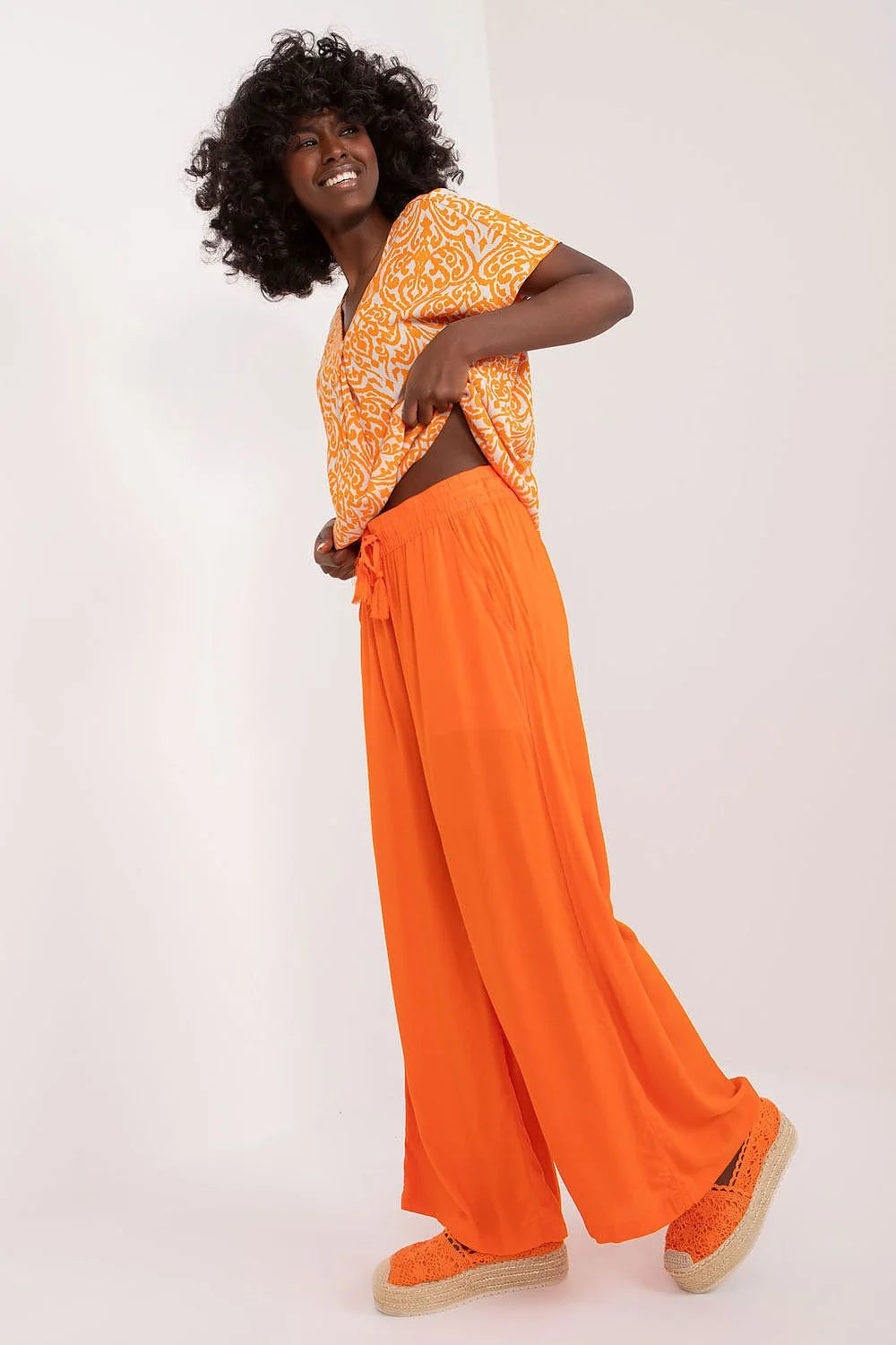 pantalon palazzo taille haute viscose fluide léger orange vif ample taille élastiquée cordon pompons bohème estival femme