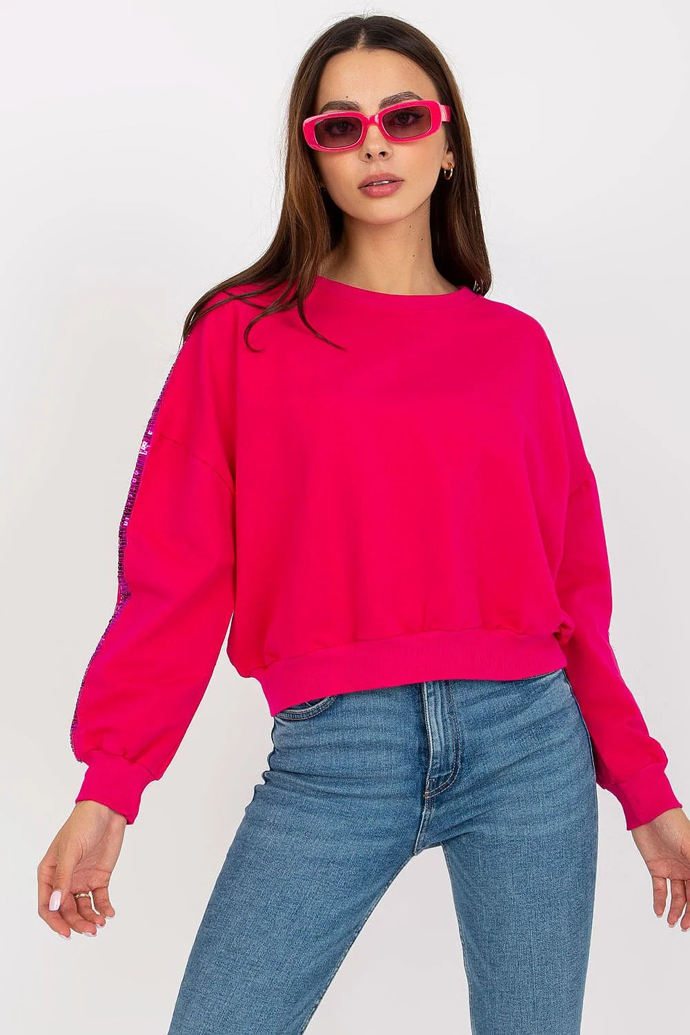 sweatshirt femme casual chic bleu marine manches longues col rond oversize bandes paillettes viscose élasthanne confort