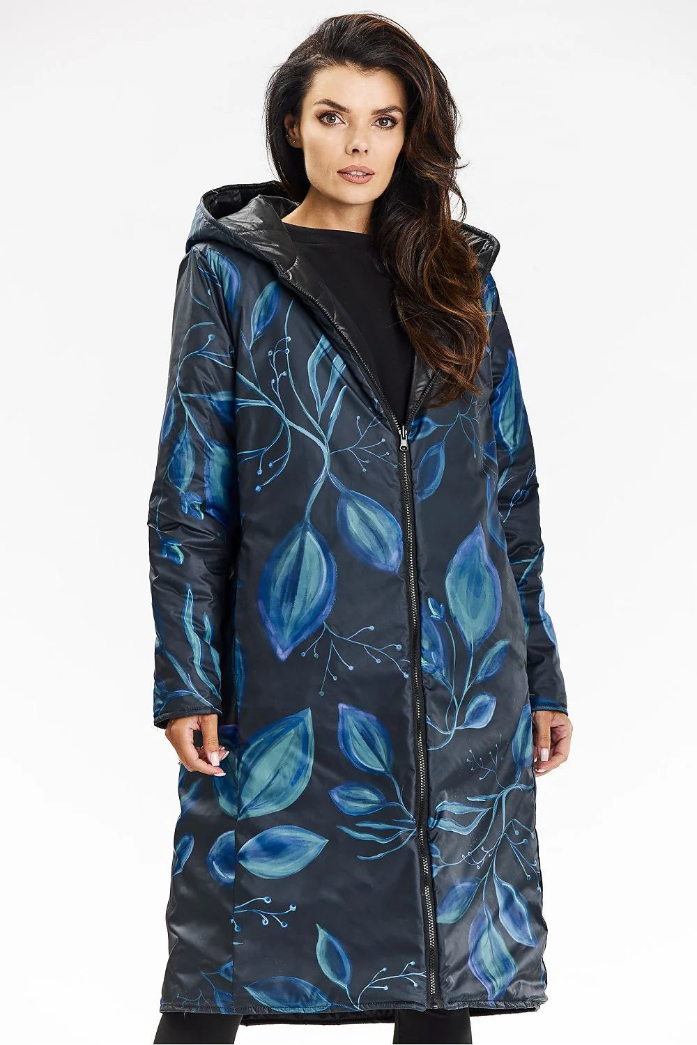 Manteau long pour femmes à capuche double face fermeture éclair matelassé style contemporain noir doublure carreaux bleus hiver