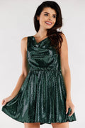 robe soirée courte cocktail sans manches col bénitier vert émeraude pailletée ajustée taille marquée jupe patineuse évasée doublure élastique