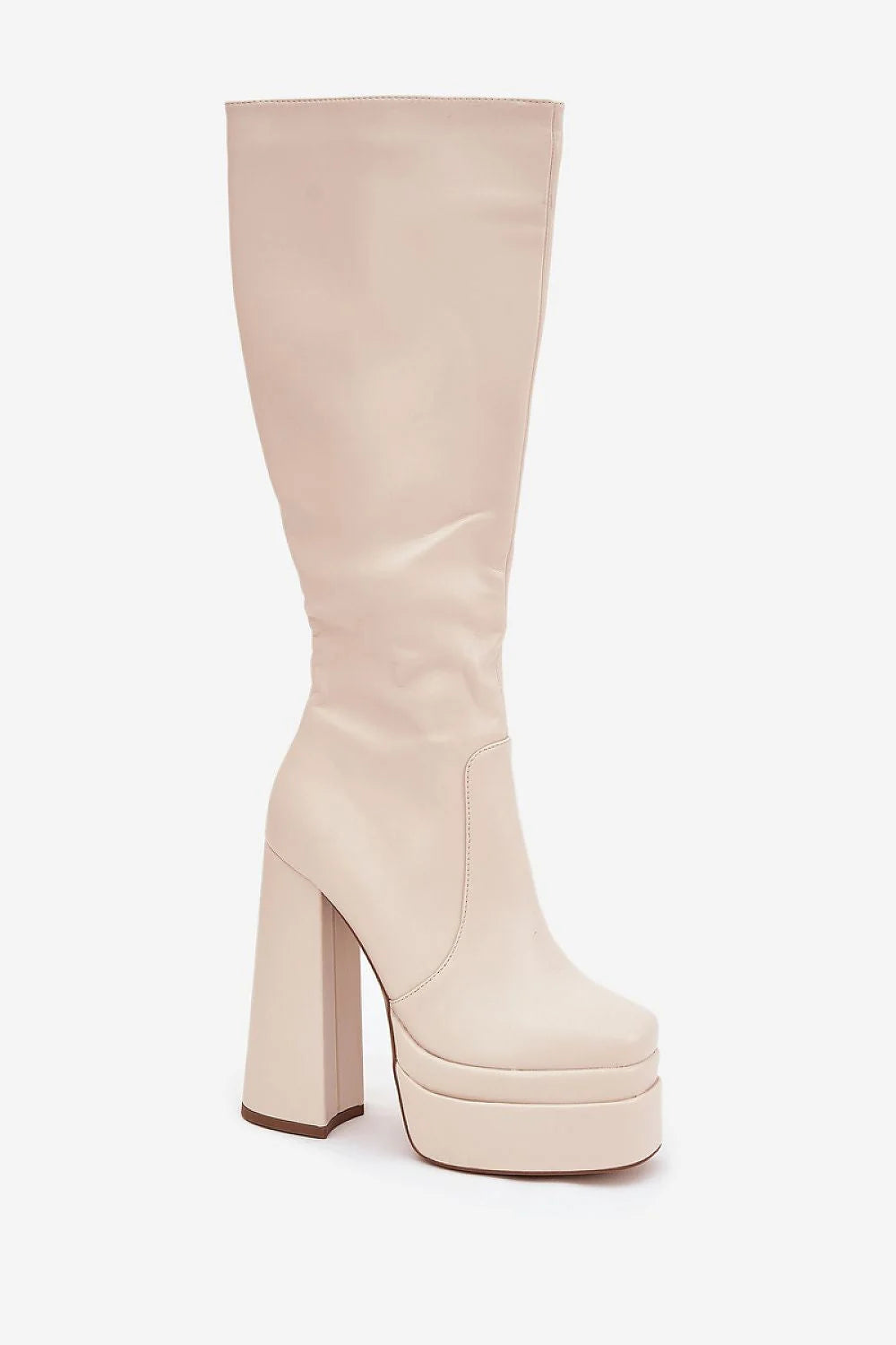bottes femme hautes beige similicuir lisse plateforme compensée talon poteau bloc massif bout arrondi fermeture éclair intérieure tige ajustée genou