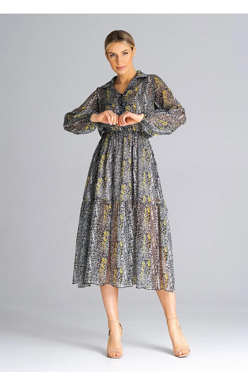 robe bohème chic longue midi manches longues ballon mousseline fluide plissée doublée imprimé abstrait noir gris touches jaunes taille élastiquée