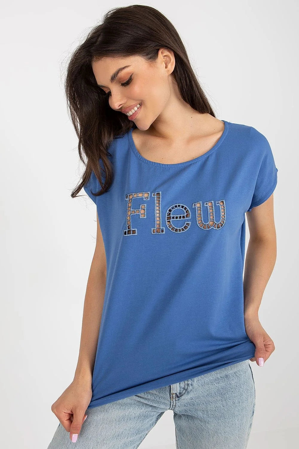 T-shirt Fancy pour femmes bleu vif motif Flew coton élasthanne coupe ample manches courtes col rond