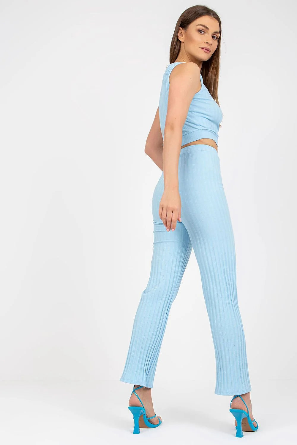 Ensemble Italy Moda Light Blue Crop Top High-Waisted Flared Pants Stretch Ribbed Cotton Elastane Summer