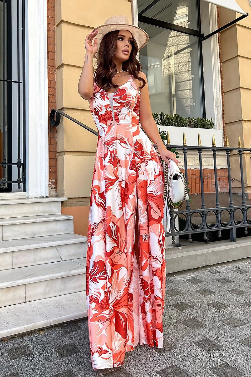 Robe de jour Bicotone longue imprimé floral rouge rose blanc tissu satiné ajustée à la taille fente jambe occasion estivale
