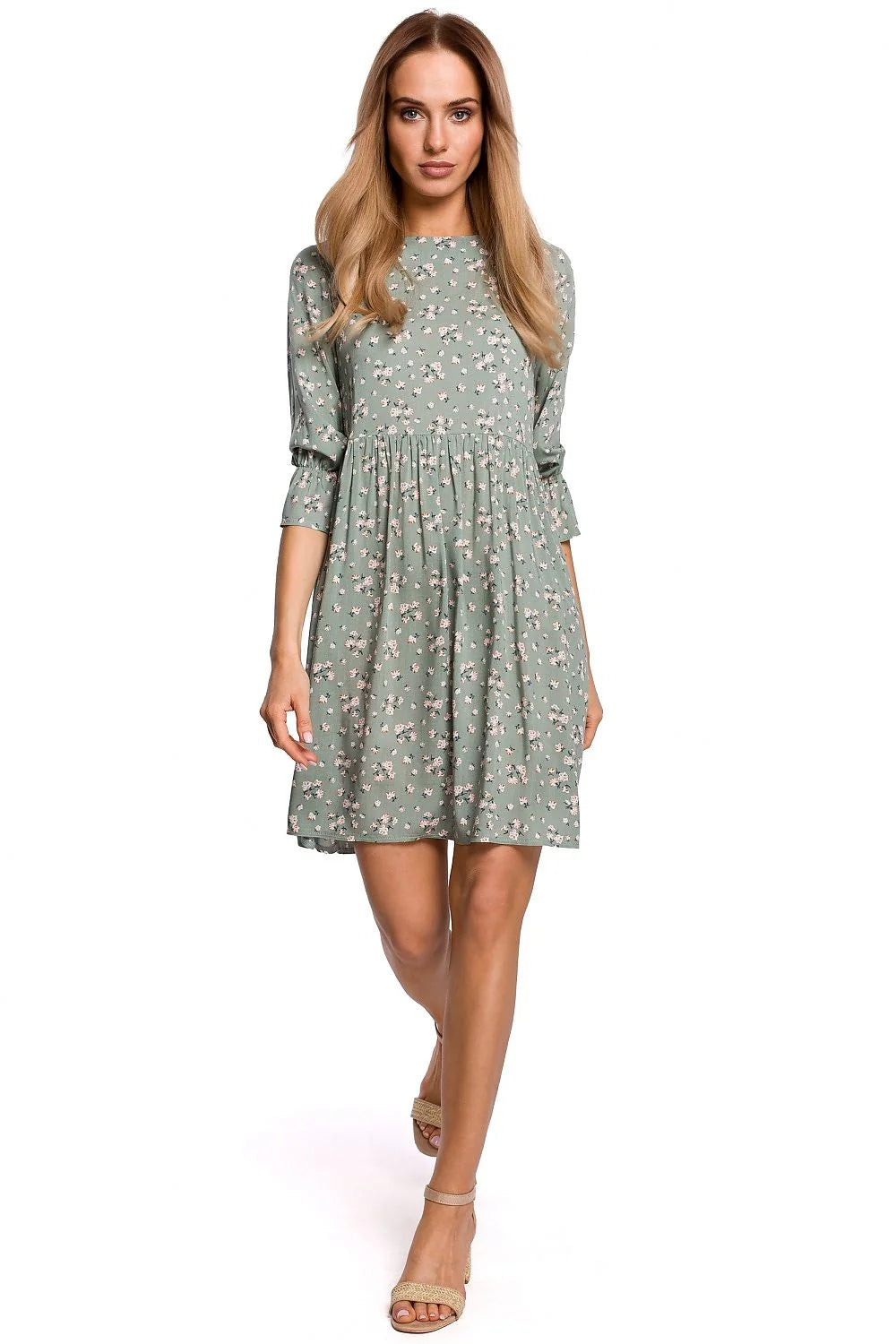 robe évasée viscose fluide imprimé floral noir délicat blanc rose vert manches troisquarts fronces col rond taille empire courte légère