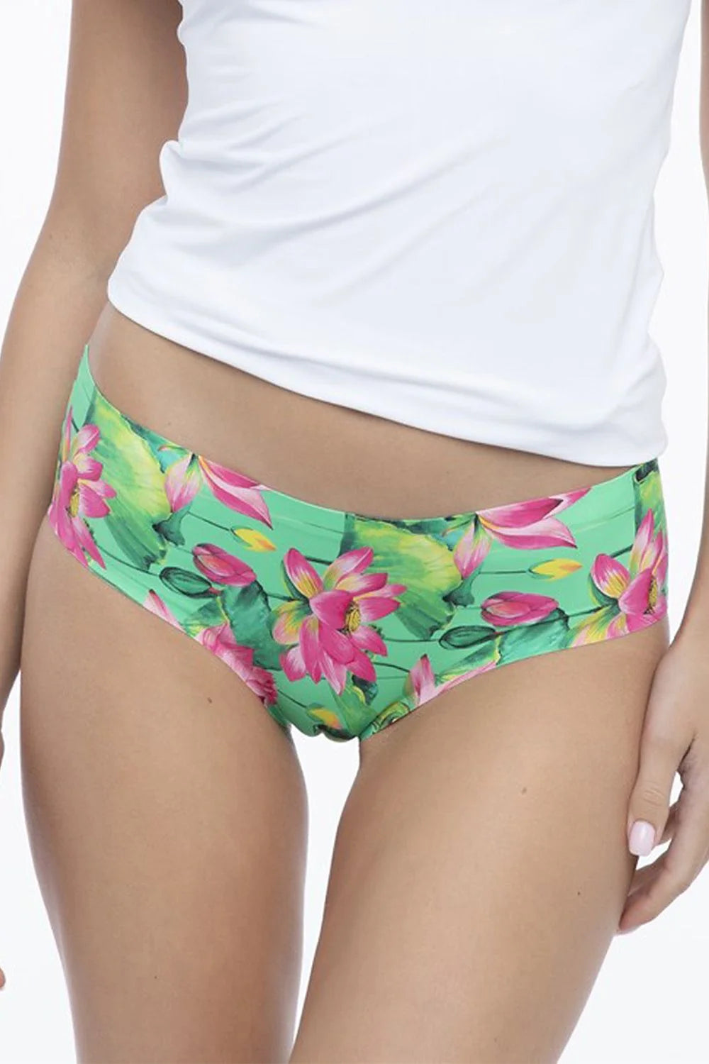 Culotte de bain Julimex Lotus Simple pour femme motif floral vibrant vert rose jaune taille ajustable matériau confortable