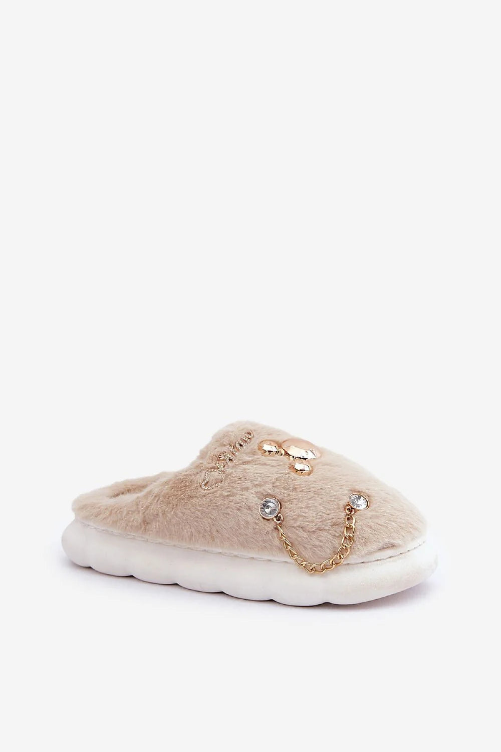pantoufles femmes élégantes fourrure fausse beige doré casualchic mule intérieur semelle épaisse blanche amortissante perles pampilles strass chaîne