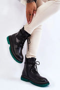 Bottes pour femmes style combat moderne audacieux cuir synthétique noir semelle verte translucide fermeture éclair latérale