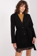 Manteau élégant pour femme coupe droite structurée manches longues ceinture incluse couleur noire tissu laineux polyester doublure confortable