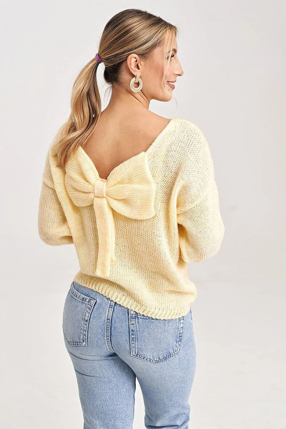 chandail Figl femme oversize jaune pâle maille duveteuse mohair léger manches troisquarts épaules tombantes encolure bateau bordures côtelées superposable chic