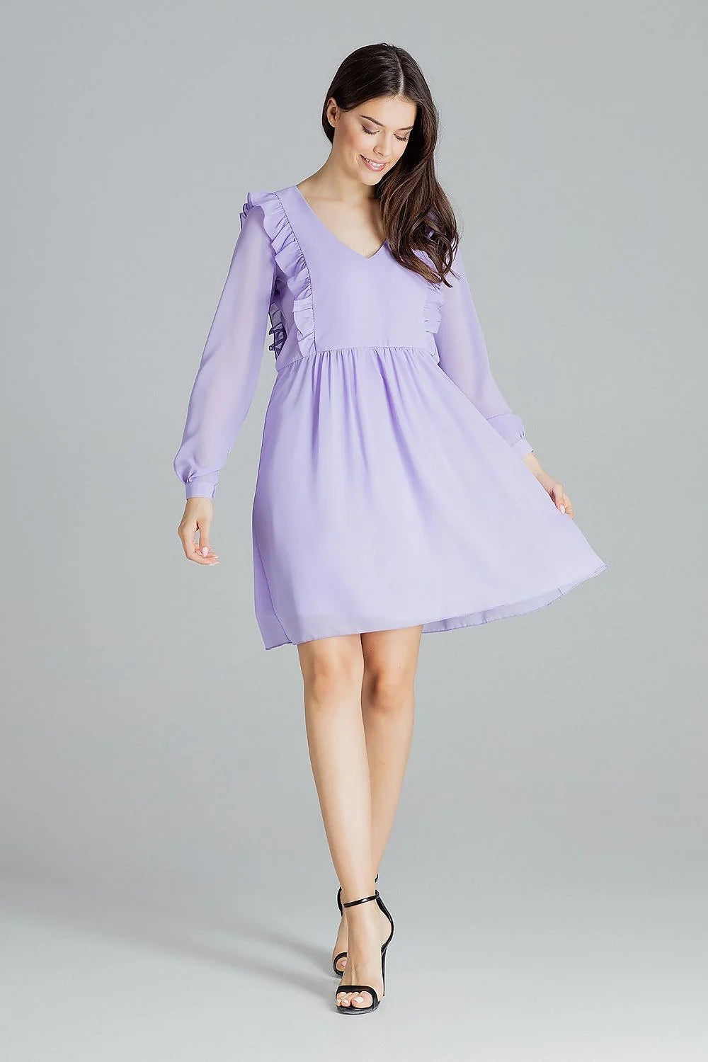 robe cocktail mousseline blanche manches longues volants coupe midi ajustable ceinture intégrée col V décolleté romantique fluide doublure opacité élégante