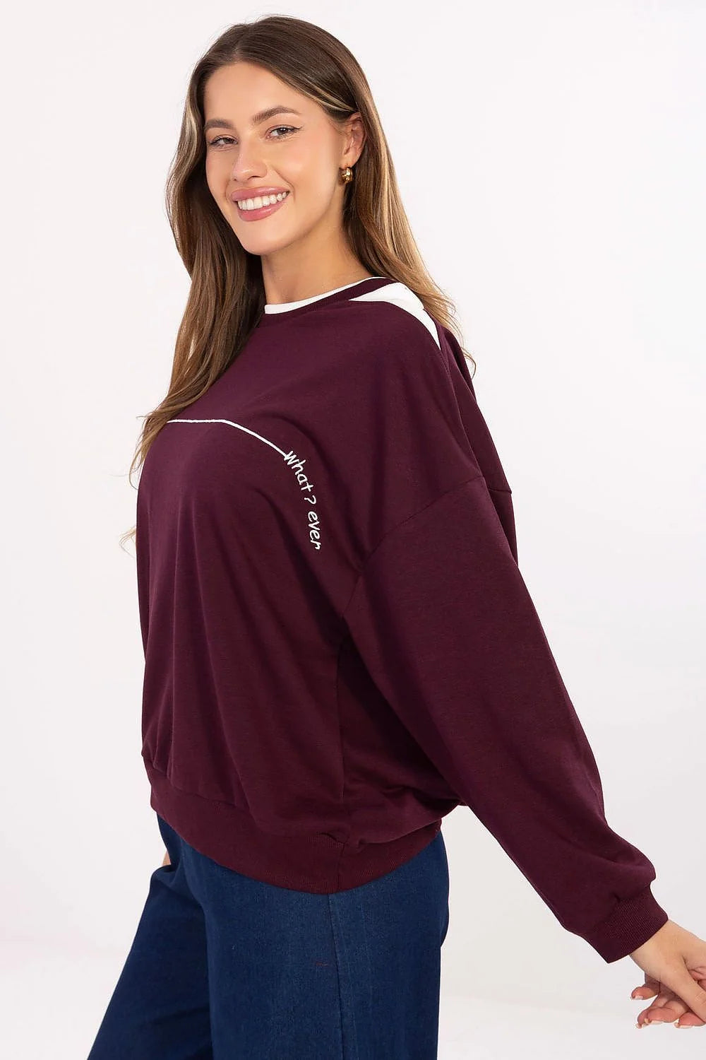 sweatshirt oversize femme prune molleton coton polyester col rond manches longues épaules tombantes coupe décontractée broderie minimaliste