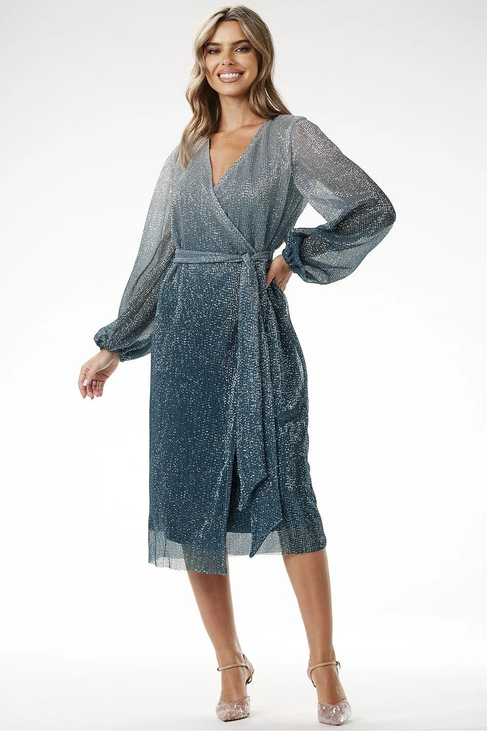 Robe de soirée élégante longue manches longues effet ombré tissu pailleté ceinture assortie femmes occasions spéciales