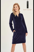 Robe féminine en velours bleu marine à manches longues coupe droite genoux taille ajustable occasionnels casual chic