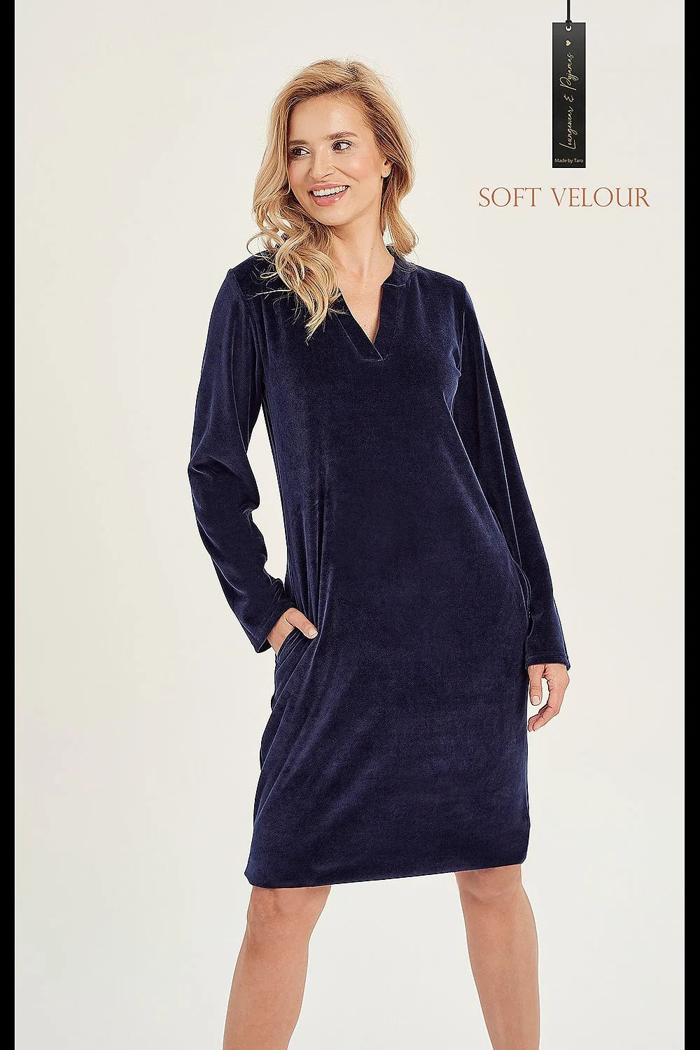 Robe féminine en velours bleu marine à manches longues coupe droite genoux taille ajustable occasionnels casual chic
