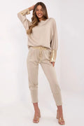 Ensemble femme élégant et confortable Italy Moda beige détails dorés manches longues pantalon taille haute