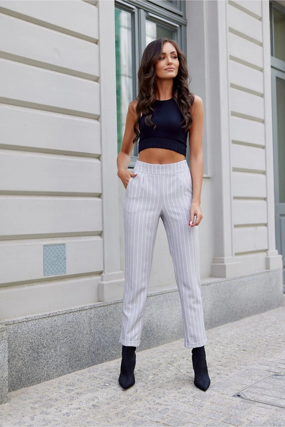 Pantalon femme élégant à fines rayures verticales coupe droite ajustée polyester 100 % taille Hanche Ceinture