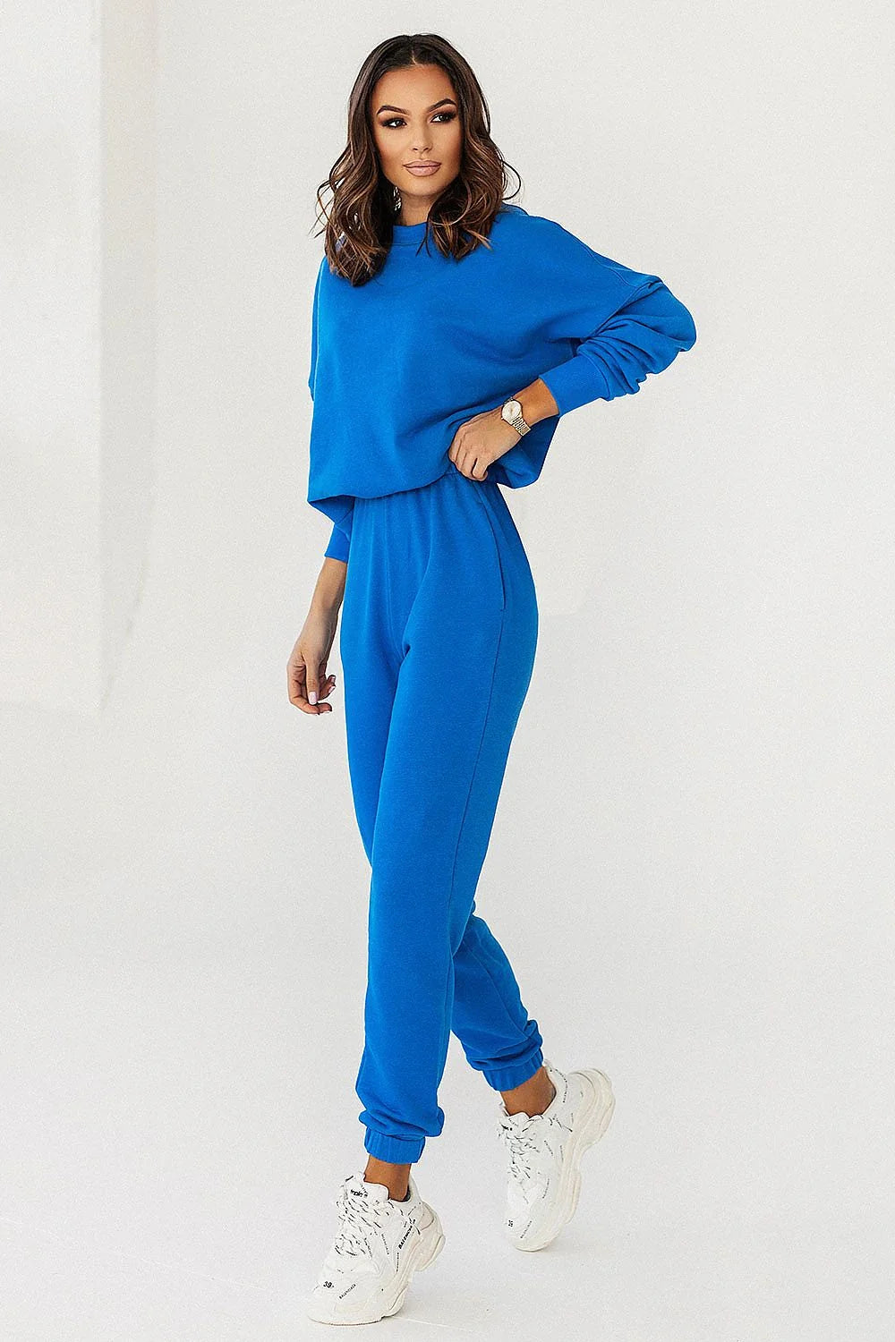 Sweatshirt IVON pour femmes, noir, oversized, col rond, manches longues, joggers assortis, ensemble décontracté, coton 92%, elasthanne 8%, mode moderne