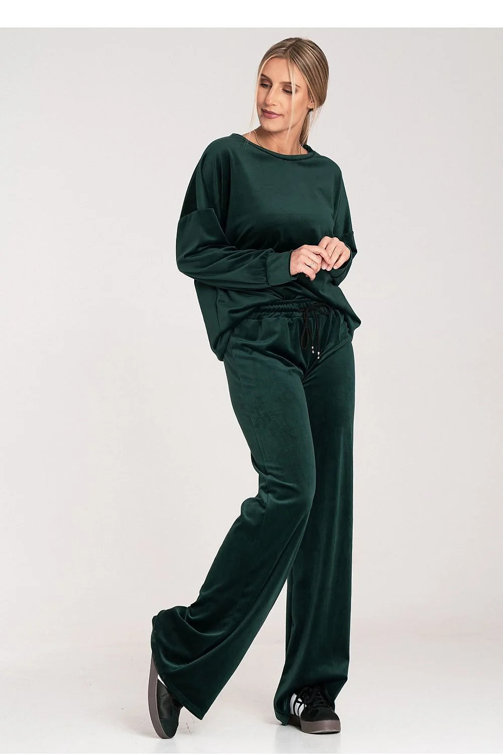 ensemble loungewear femme deux pièces sweat oversize col rond manches longues pantalon large taille élastiquée cordon velours vert
