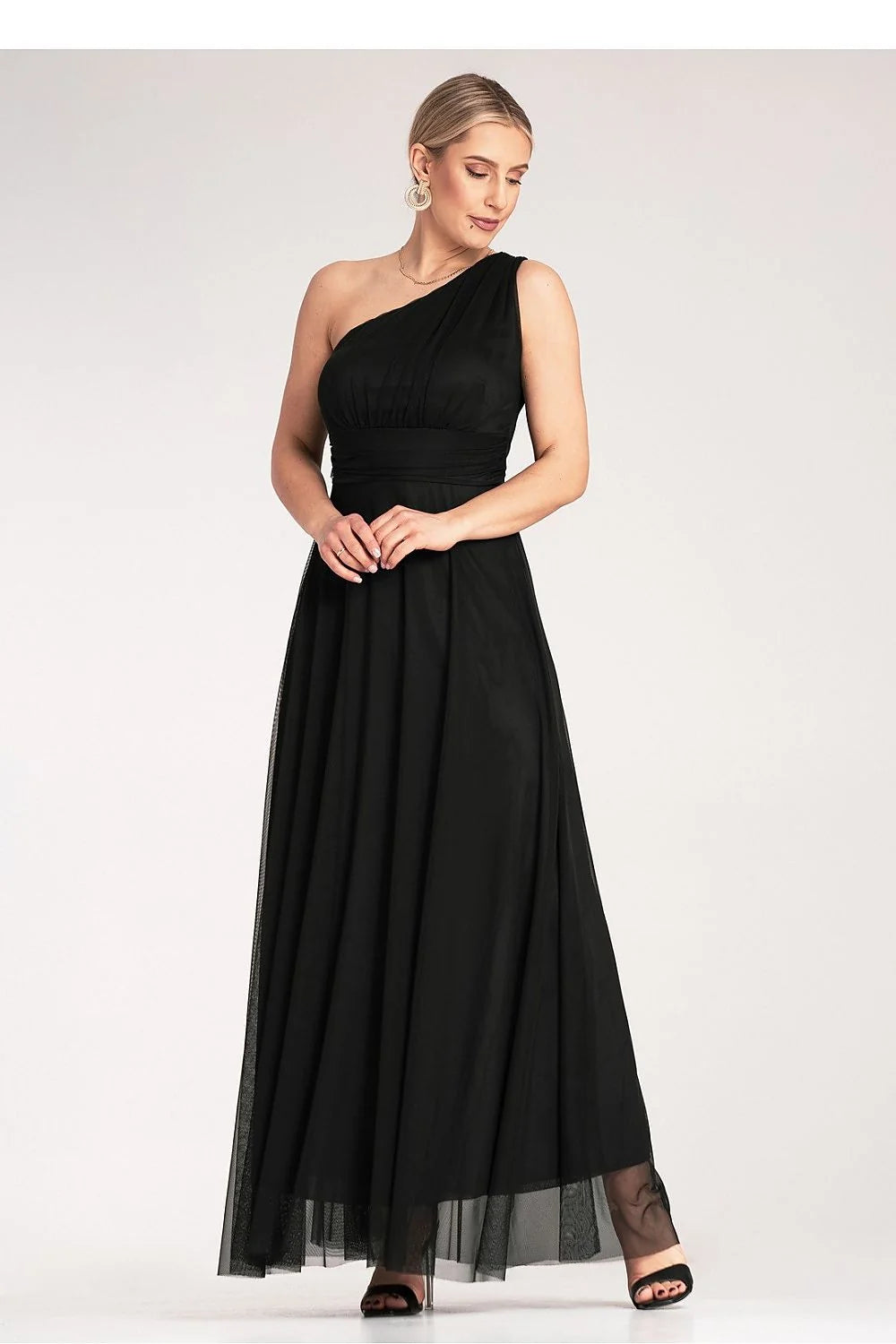 Robe de soirée élégante asymétrique en noir tissu fluide ceinture intégrée pour femme occasion formelle