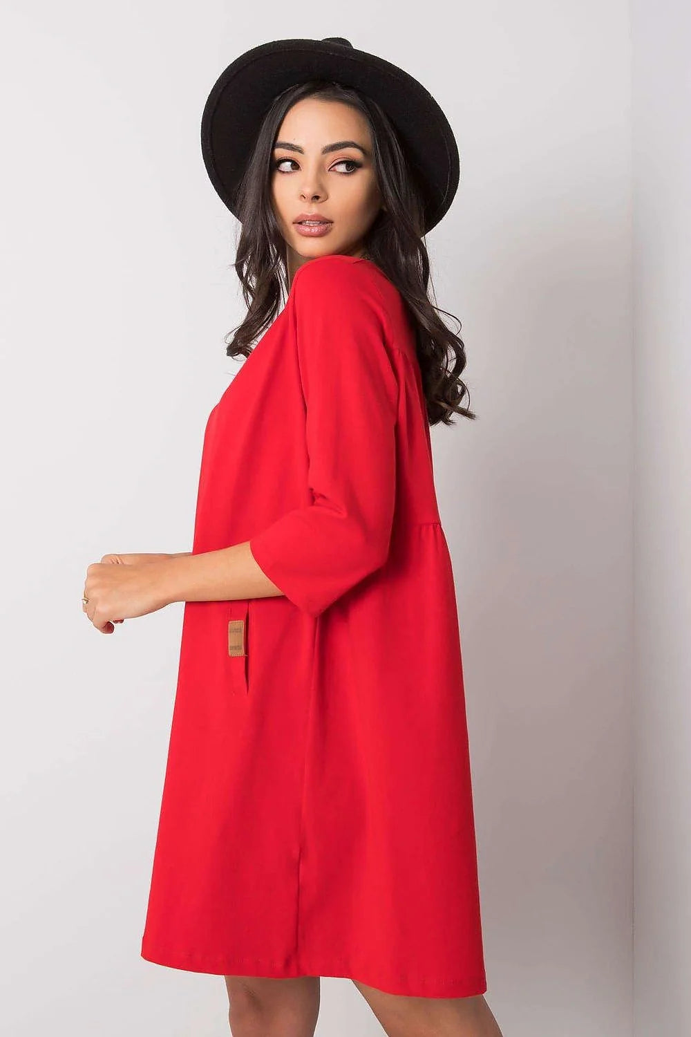 Robe ample verte coton moderne manches 3/4 poches latérales style décontracté mode féminine élégante