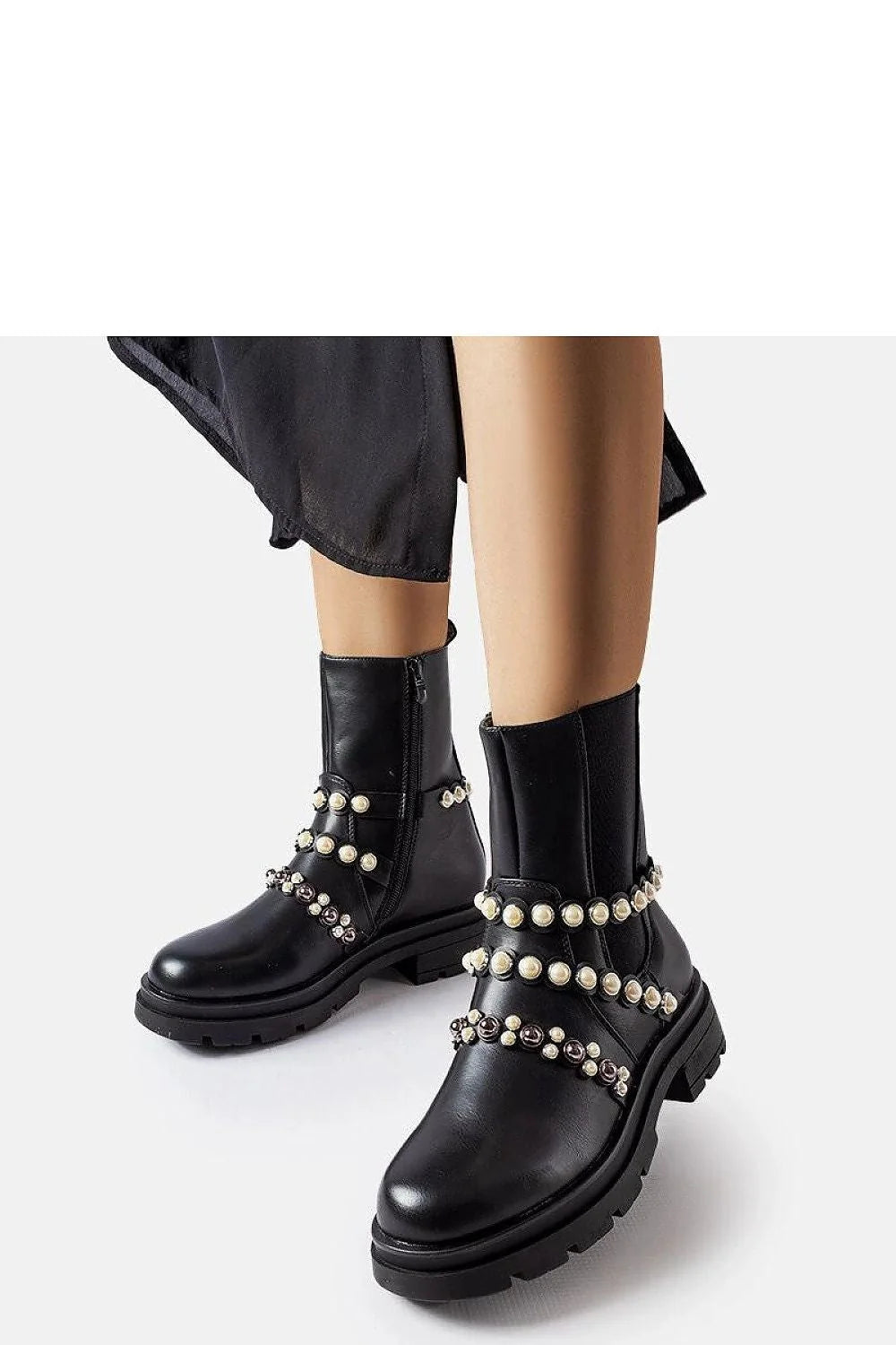Bottines pour femmes design audacieux moderne cuir noir perles rivets métalliques fermeture éclair latérale hauteur cheville confortable occasion spéciale quotidienne