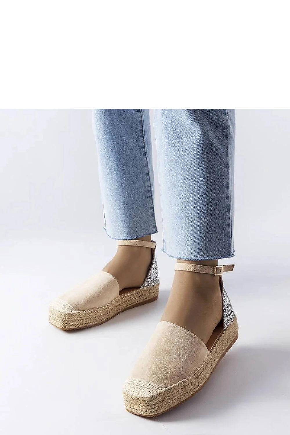 espadrille Solea beige suédine pailletée argenté semelle compensée bride cheville boucle métallique bout fermé rembourrée respirante