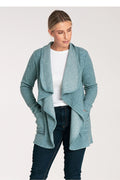 Cardigan femme bleu clair motif nid d'abeilles coupe ample col drapé manches longues poches latérales tricot texture subtile