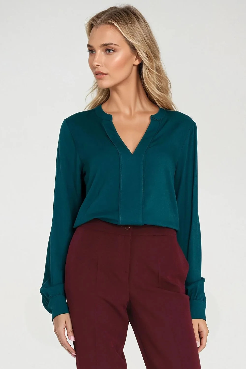 chemisier femme coupe régulière viscose légère aérienne col V fendu tunisien pli central manches longues poignets boutonnés vert canard élégant