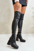 Bottes hautes pour femmes talon carré faux cuir noir audacieux et élégant design moderne