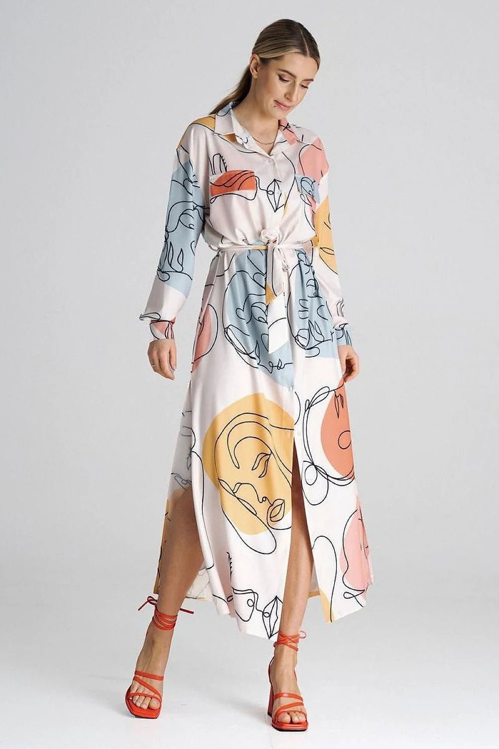 Robe de jour artistique longue manches longues col chemisier ceinture nouée fentes latérales polyester elasthanne femmes