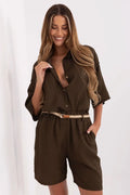 Combinaison femme en lin mélange coupe ample manches mi-longues col chemise ceinture tressée couleur marron kaki