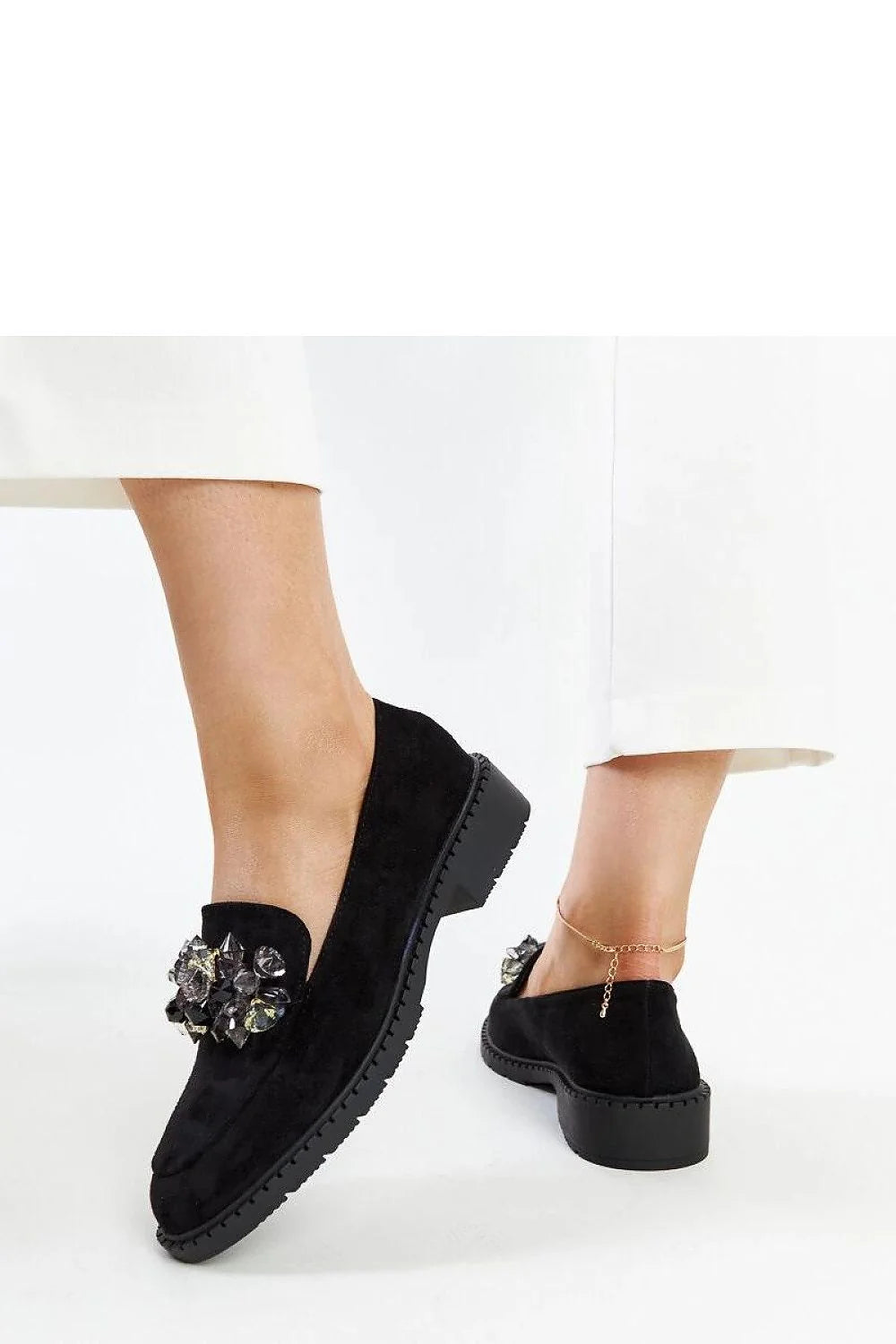 Mocassins pour femme élégants en daim noir, style moderne, confort maximal, occasion spéciale, printemps-été, cuir écologique, talon 3 cm, pierres décoratives, classiques, intemporels, occasions décontractées, style raffiné, mode féminine