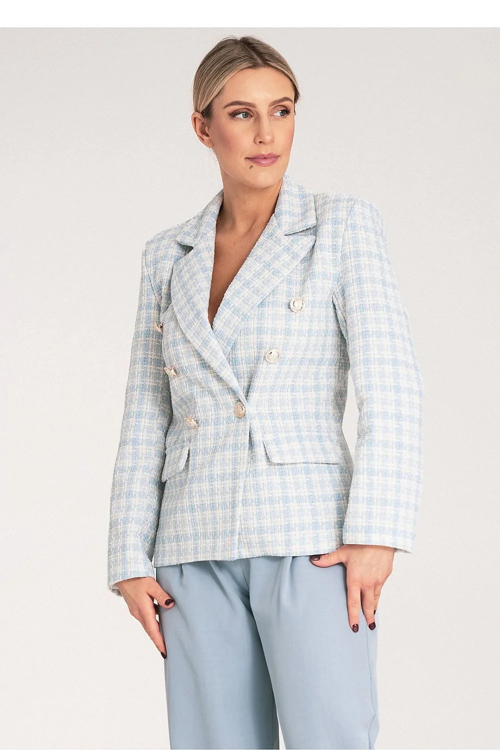 Blazer femme double boutonnage pied-de-poule bleu pâle et blanc taille ajustable coton polyester épaules structurées style élégant